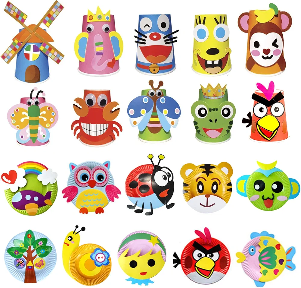 Augweyang 3D DIY Paper Cups and Plates Stickers Handmade Create Your Own Animal Arts and Crafts Cups Plates Supplies for Kids Girls Boys Children Ages 4-12 Stem Projects 20Pcs
