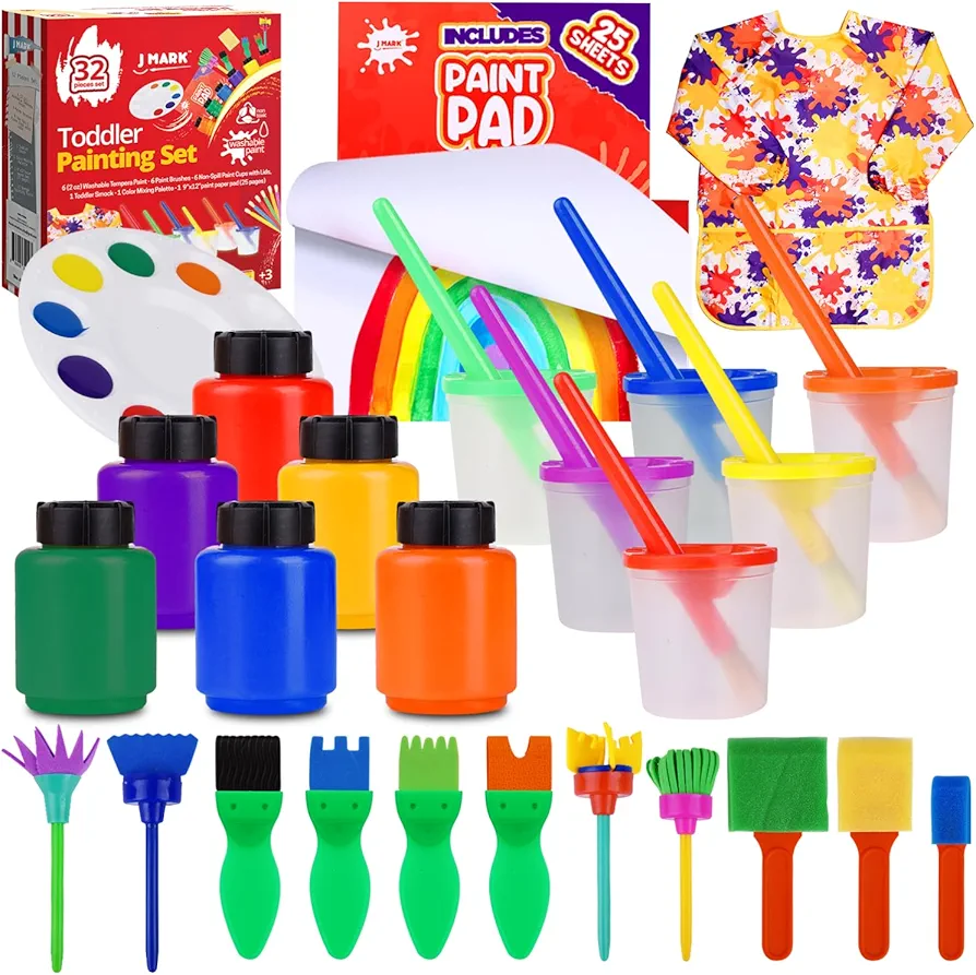 J MARK All Inclusive 32 Piece Toddler Painting Set - Spill Proof Paint Cups, Painting Tools, Sponge Tools, Paint Pad, Brushes, Safe Tempera Toddler Washable Paint, Palette - Toddler Paint Set