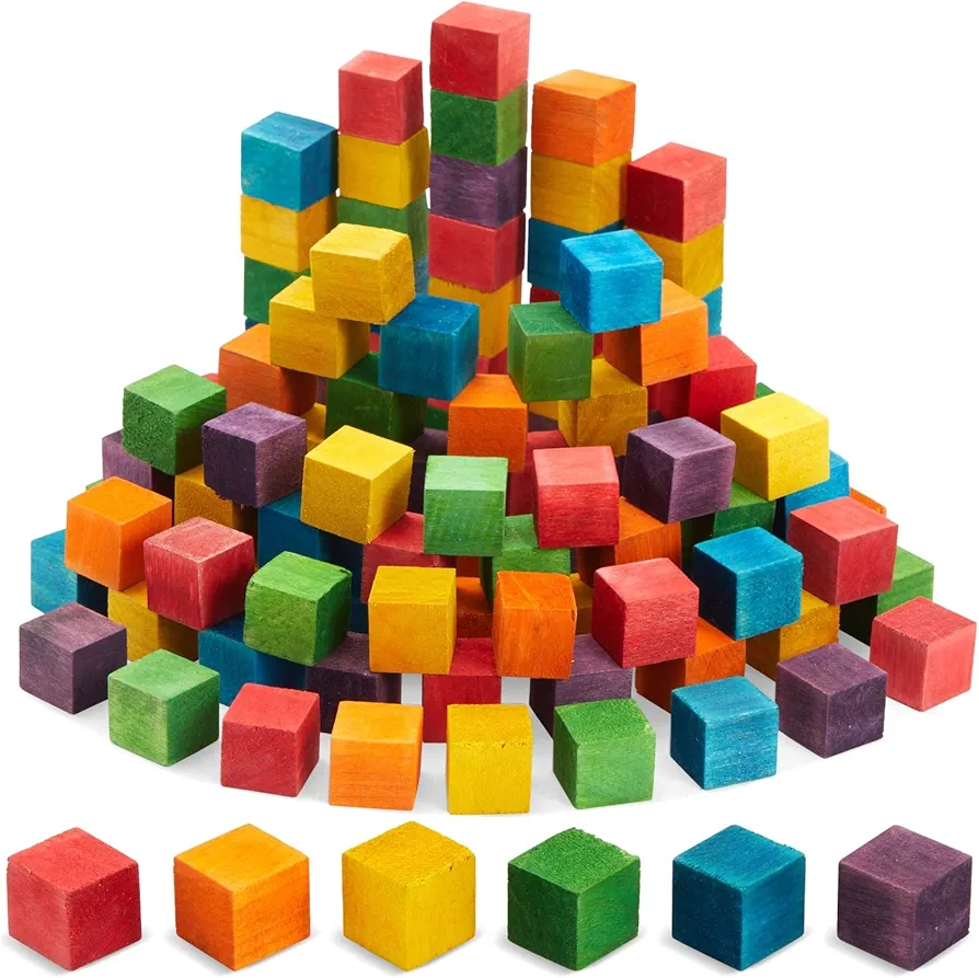 Bright Creations 100 Piece Wooden Blocks for Crafts, Colorful Small Cubes (6 Colors, 0.6 in)