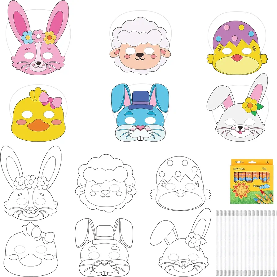 30 Sets Easter Mask Craft Kit for Kids DIY Color Your Own Egg Bunny Chick Mask with Crayons Easter Coloring Paper Face Masks for Kids Easter Spring Activity Easter Eggs Hunt Theme Party