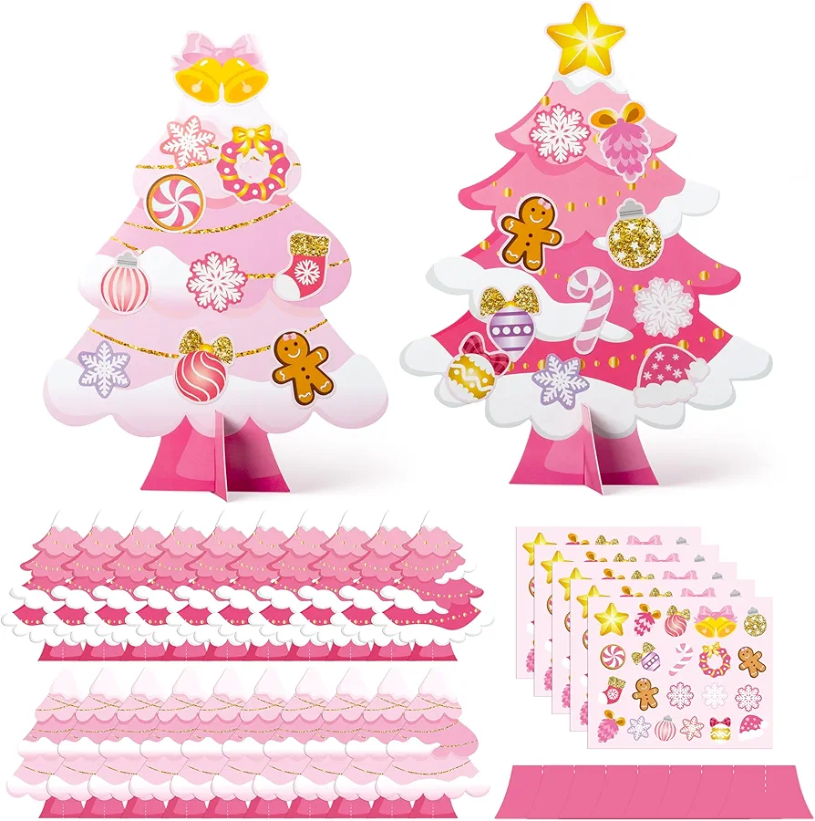 WATINC 30Pcs Pink Christmas Tree Craft Kit for Kids, Make Your Own Christmas Tree Craft Art for Christmas Party Favors Decoration, DIY Xmas Supplies Home School Classroom Fun Activity Art Project