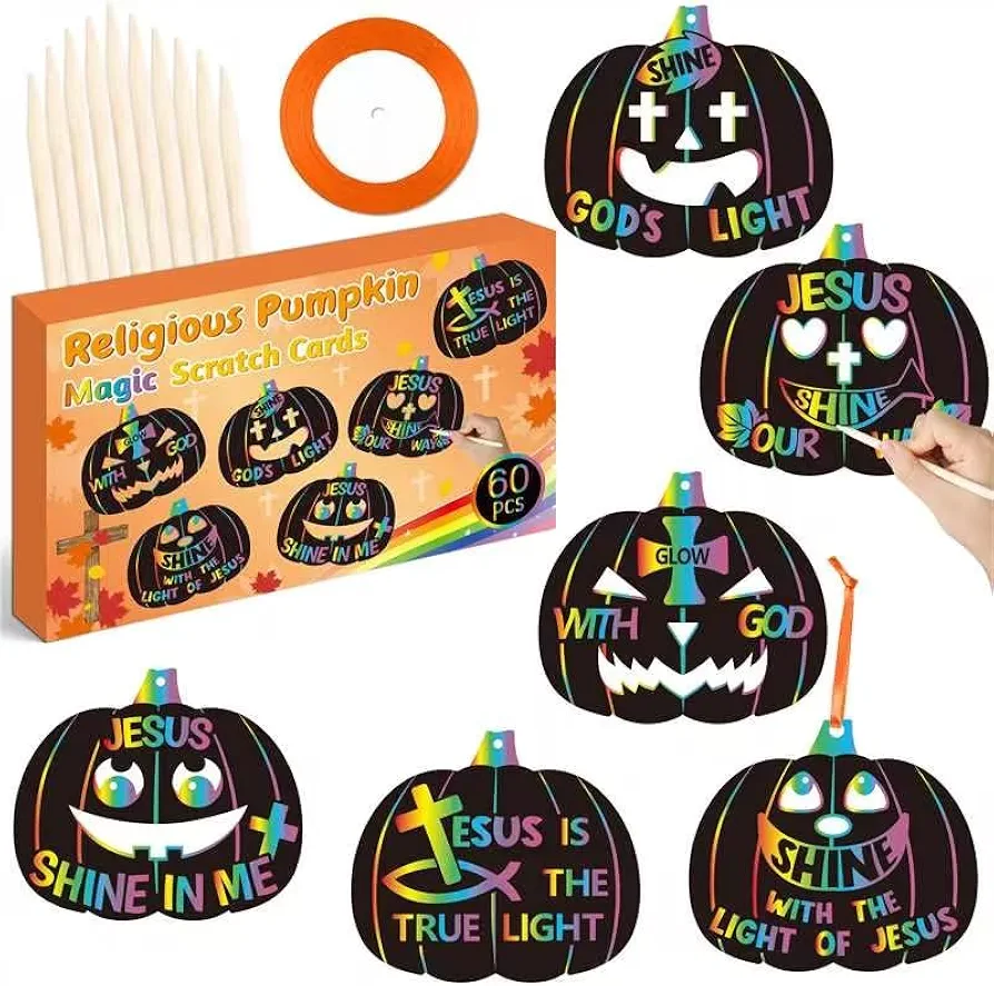 B1ykin Fall Religious Pumpkin Scratch Card - DIY Halloween Magic Scratch Cards Craft Kit for kids, Christian Black Bible Hanging Tags Party Favors for Thanksgiving Sunday School Classroom Art Activity