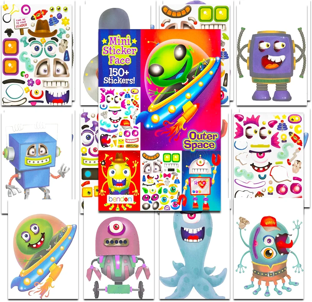 Create a Face Sticker Play Set for Kids - Outer Space Alien Stickers Travel Activity Book with 150+ Stickers for Kids, Boys, Girls | Make Your Own Sticker Face for Toddlers