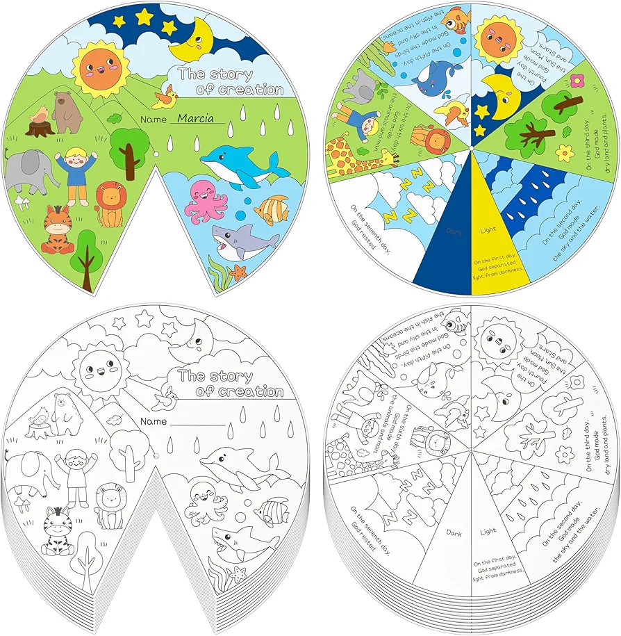 Haooryx 24 Sets Color Your Own Creation Wheel, Bible The Story of God Creating The World in Seven Days Craft Wheel for Kids Sunday School VBS Activity