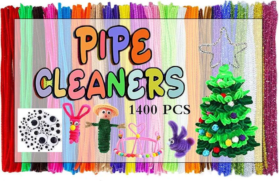 1300 Pcs Pipe Cleaners with 100 Pieces Glue Eyes, 28 Assorted Colors for Christmas DIY Art Creative Crafts Decorations, Chenille Cleaners Stem Craft Supplies for Kids and Adults(6 mm x 12 inch)