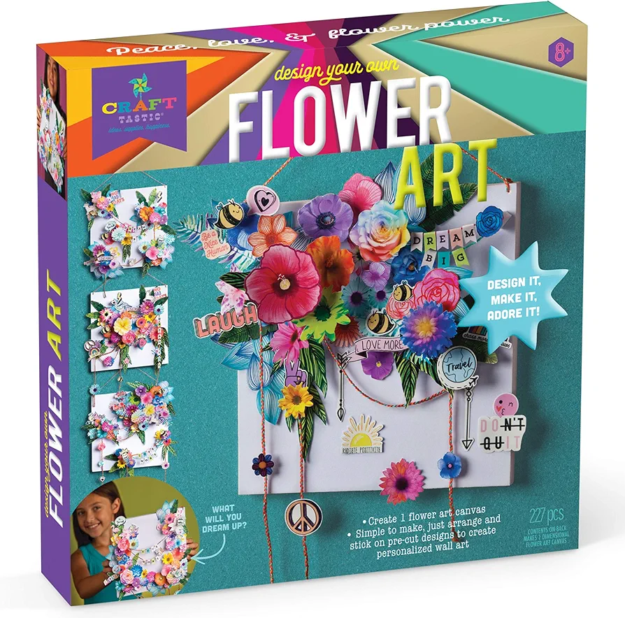 Craft-tastic – Design Your Own Flower Art Canvas – Craft Kit – Arrange Paper Flowers & Pre-cut Designs to Create Personalized Art, Multi