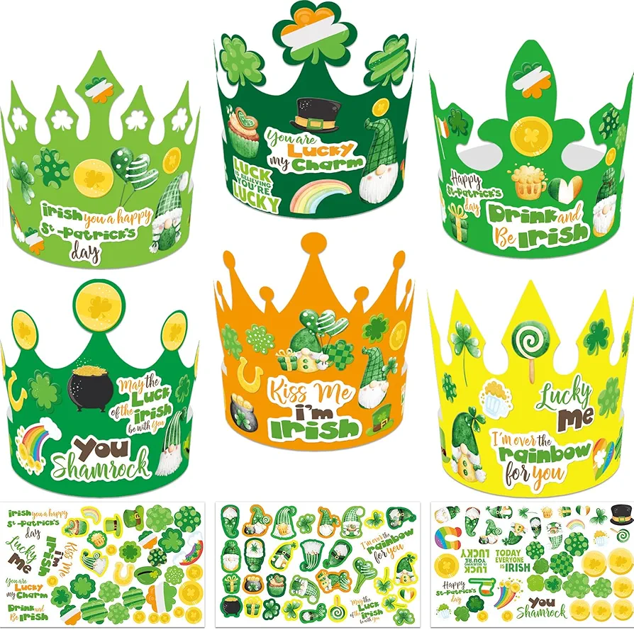 WorldBazaar St. Patrick's Day Hats for Kids 24 Pack St Patricks Day Crown Craft Kit with Stickers St. Patrick Party Favors Supplies