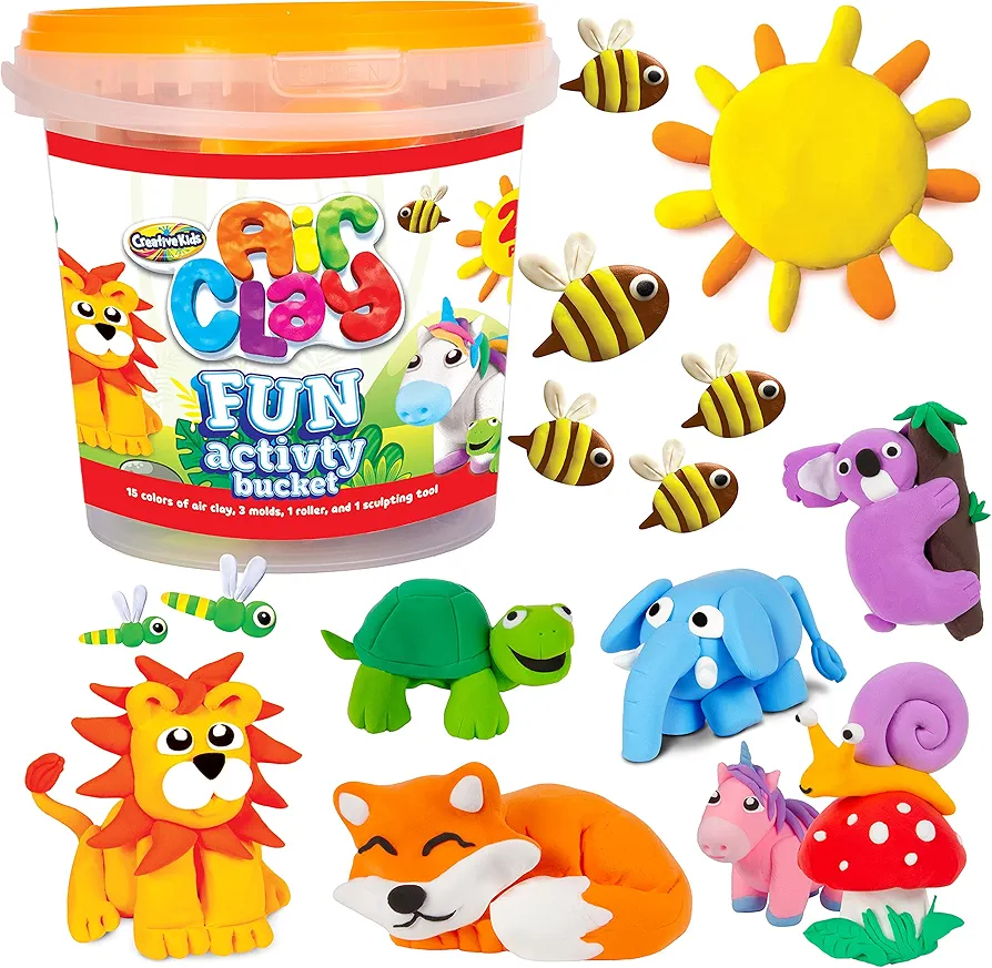 Air Clay Fun Activity Bucket - 15 Vibrant Colors and 5 Modeling Tools - Air Dry Clay for Kids - Soft Molding Clay for Kids - DIY Sculpting Art Craft Supplies Kits Gift - Magic Clay for Kids Ages 6+