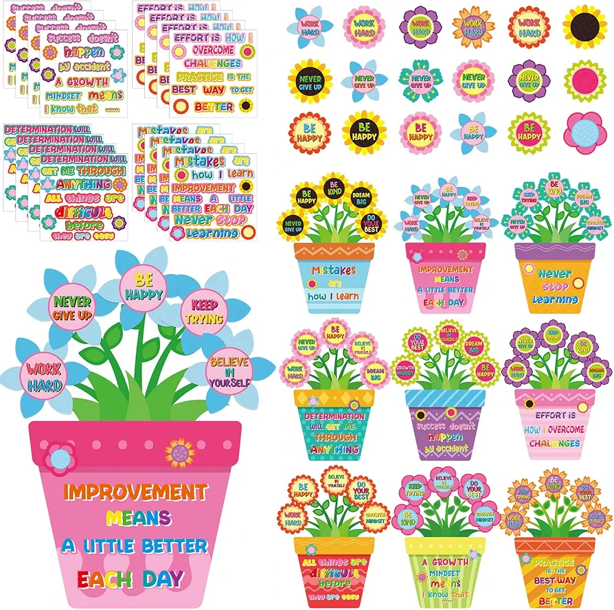 Qilery 36 Set Growth Mindset DIY Craft Kits Spring Flower Cutouts Sticker Never Stop Growing Flower Bulletin Board Decorations Classroom Positive Sayings Set for Kids School Office Chalkboard Supplies