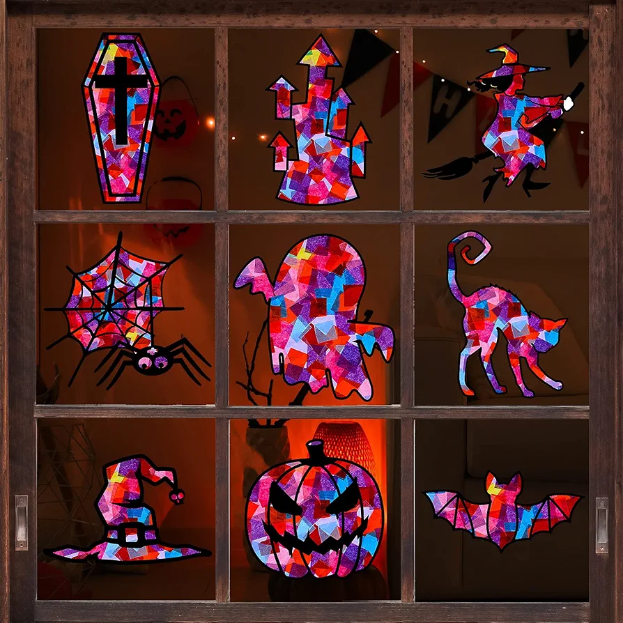 Tenare 18 Pcs Halloween Suncatcher Craft Kit for Kids Tissue Paper Suncatcher Craft Halloween Kids Projects for Classroom DIY Crafts Halloween Window Art Decorations