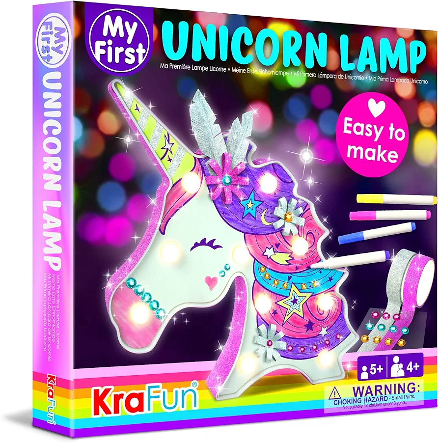 KRAFUN Easy DIY Unicorn LED Night Light Kids Lamp Kit for Girl Crafts – My First Beginner Arts and Crafts Gift, STEM STEAM Toys Painting Lamp with Marker for Age 5 6 7 8 9 10 11 12 Year Old