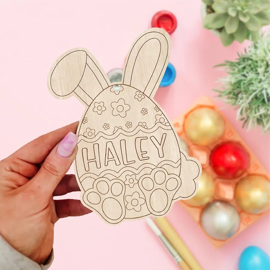 V-DECORPARKS Personalized Easter Bunny Paintings Craft Kits, Custom Wooden Bunny Egg Easter Basket Stuffers with Paint Brush Easter Gifts for Kids Easter DIY Decorations Paint Set of 1,2,3,4,5