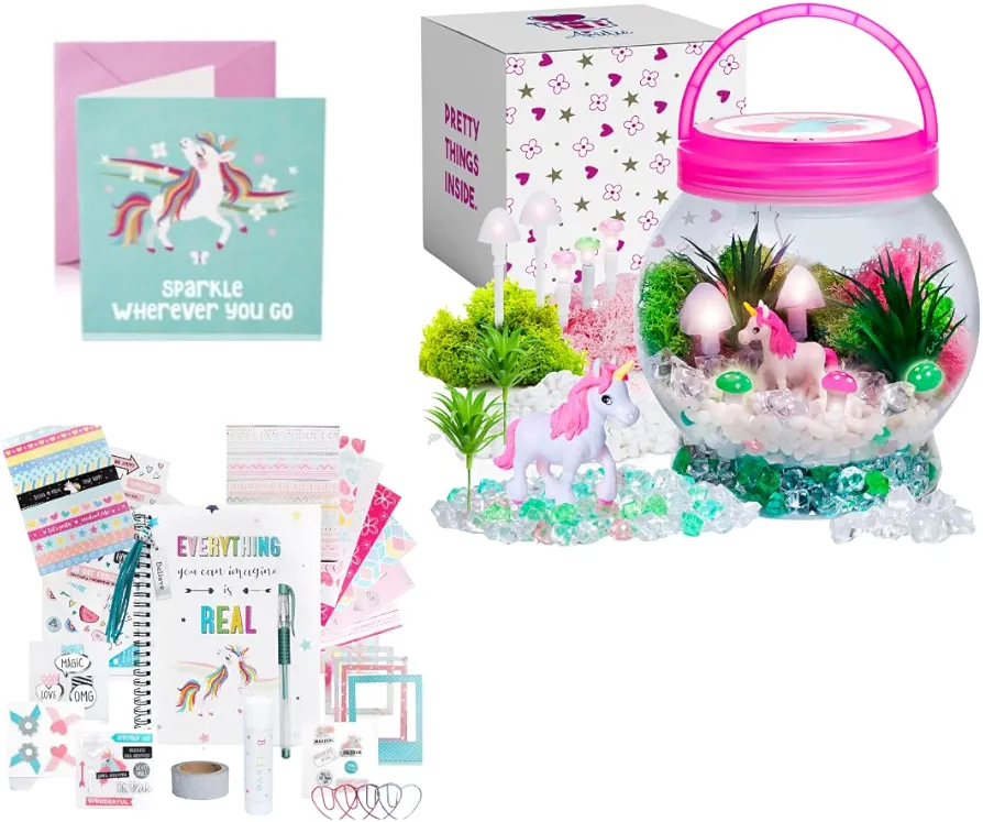 Amitié Lane Unicorn Gift Set For Girls - Including DIY Unicorn Terrarium Kit & Journal Set With Scrapbooking Supplies - Girl Birthday Gifts and Toys, Art and Crafts Kits