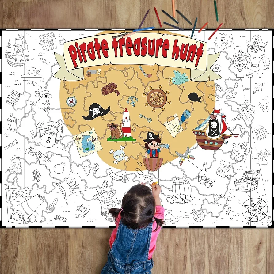 Pirate Coloring Poster for Kids Giant Coloring Poster Large Treasure Hunt Coloring Tablecloth Jumbo Coloring Books for Kids Classroom Home Birthday Party Supplies Favor