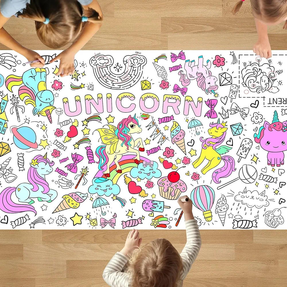 PADTIC Giant Coloring Poster,35x72Inch Versatile Unicorn Activity Drawing Paper Coloring Tablecloth,DIY Unicorn,Rainbow Poster Table Cover Kids Art Crafts Coloring Mat,Home Classroom Party Suppiles