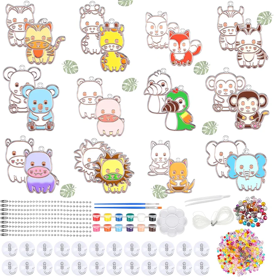 Vicenpal 24 Sets Jungle Animals Suncatcher Kits Bulk for Kids DIY Window Decor Paint Art Sun Catchers Make Your Own Safari Woodland Forest Animal Craft Kit for Kids Birthday Party Favors