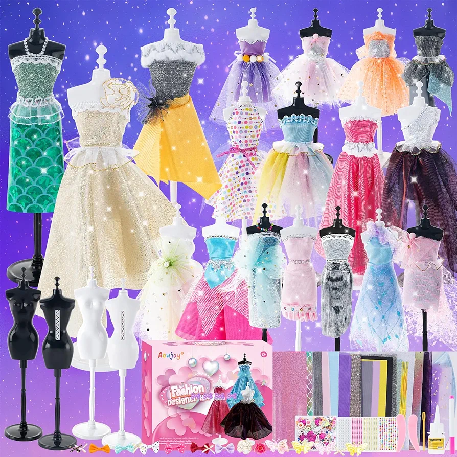 Aowjoy 600 Pcs Fashion Designer Kits for Girls, Sewing Kit with Mannequins, Doll Clothes Making Set, Arts and Crafts Kit, Designer Dress Girls Toys for Age 6 Years Old Gifts
