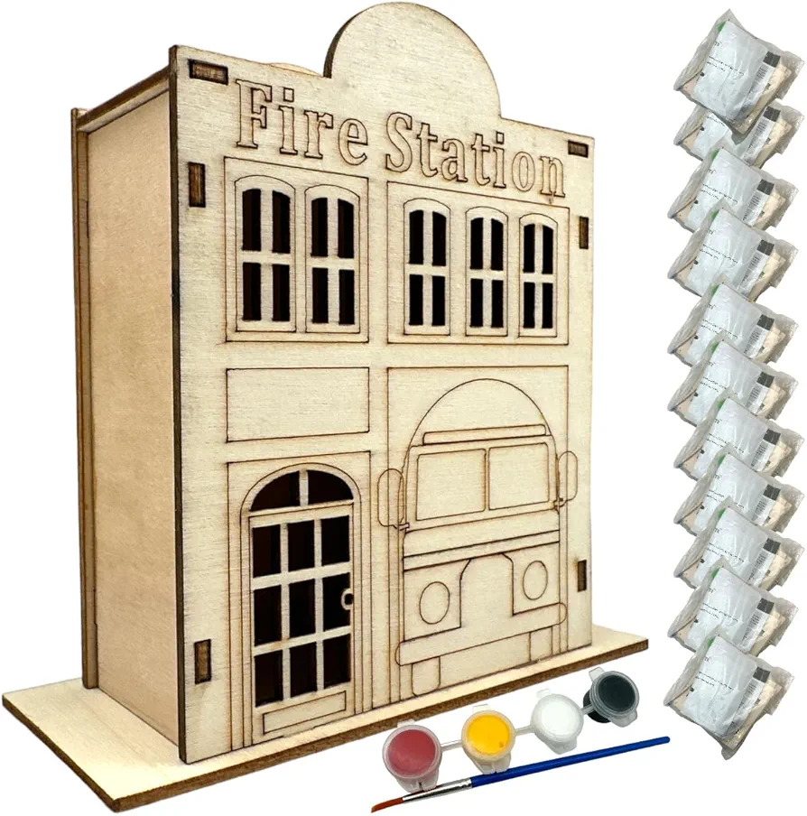 Oojami Wooden Fire Station Crafting Kit: 12 DIY Unfinished Fire Station Decoration Party Favors Supplies Ideal for Kids and Adults of All Ages with Paints and Brush (DIY)