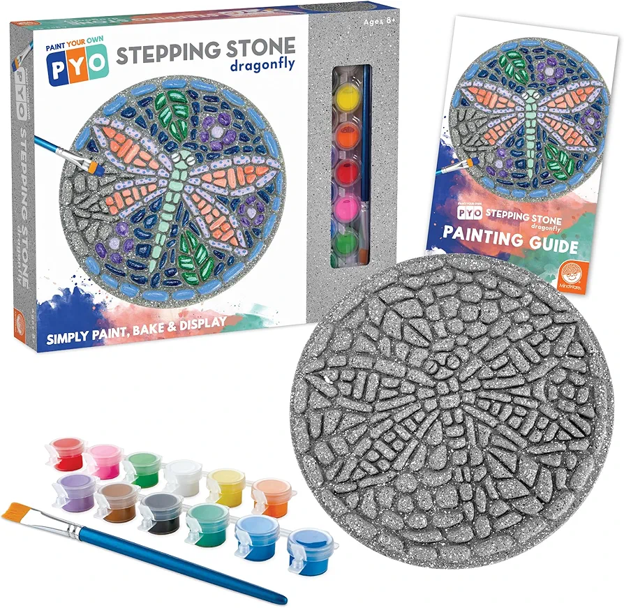 MindWare Paint Your Own Stepping Stone: Dragonfly - Paint Your Own Stepping Stones for Kids Craft Kit Includes Paint, Brushes and Instructions