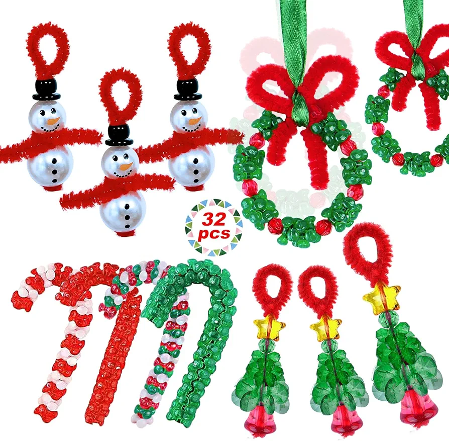 YCHRLSO Christmas Crafts for Kids - 32 Sets Christmas Beaded Ornament Kits Including 8Pcs Snowman,8Pcs Wreath,8Pcs Xmas Tree,8Pcs Candy Cane for Xmas Holiday Party Tree DIY Decorations