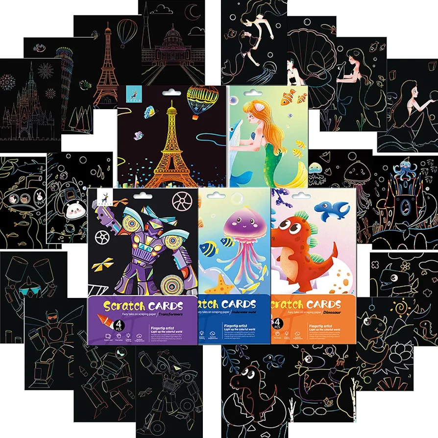 Scratch Paper Art Set for 4 5 6 7 Year Old Boy and Girl,20 Pieces in Total - Rainbow Magic Paper Craft, Black Paper Scraper Note Paper