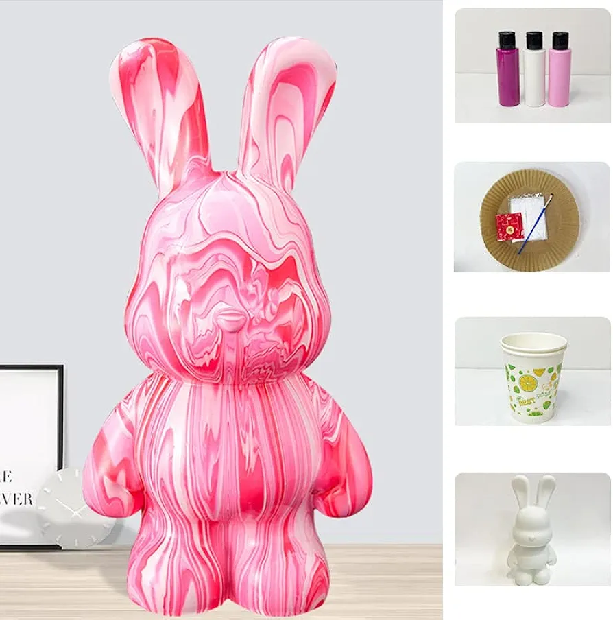 Soview DIY Painting Fluid Rabbit Painting Kit Set Creative Home Decorations Handmade Doll Figurine Toys Gift for Birthday, DIY Kits for Adults(13.4 inch)