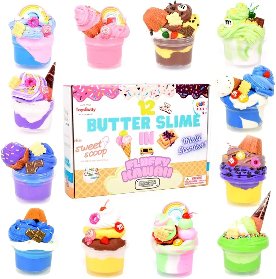 Butter Slime Kit for Girls, 12 Color Soft Scented Slime Ice Cream Making Set with 21 Slime Accessories in Gift Box, Included Charms & Add ins, Educational Toys Party Favors for Kids