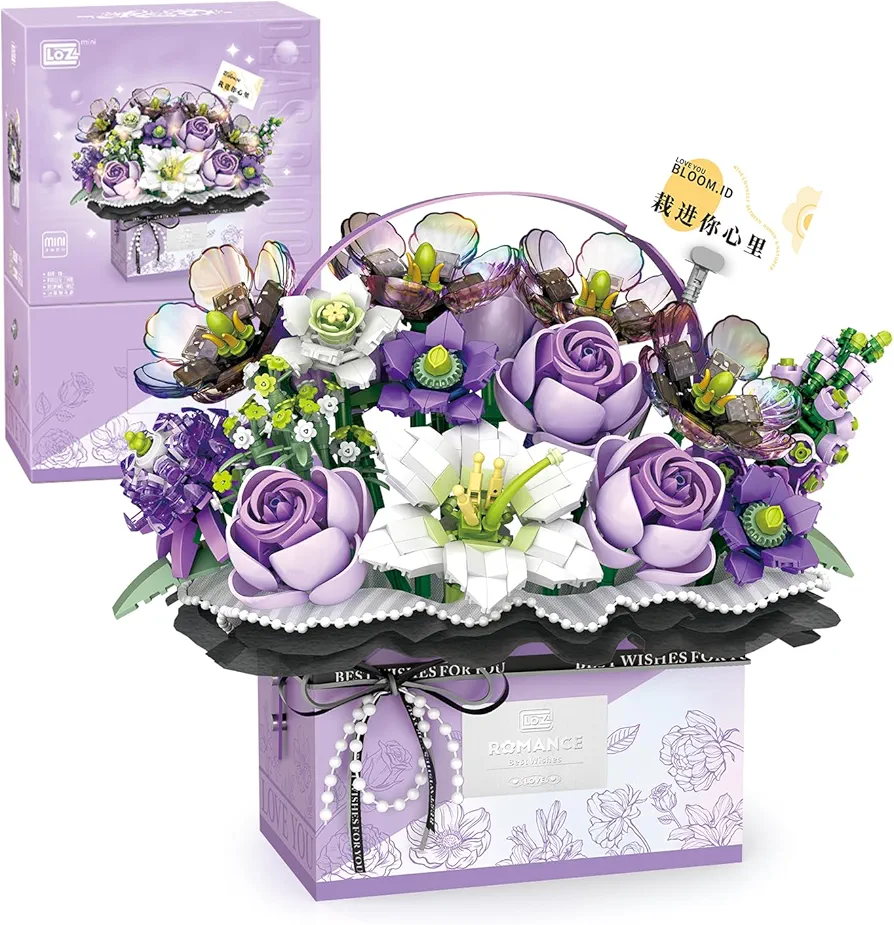 MEIEST Flower Bouquet Building Blocks Model Set,Simulation Artificial Rose Handheld Gift Box for Valentine's Day,Bonsai Plant Building Bricks Toys,Home Decor (Mist Purple)