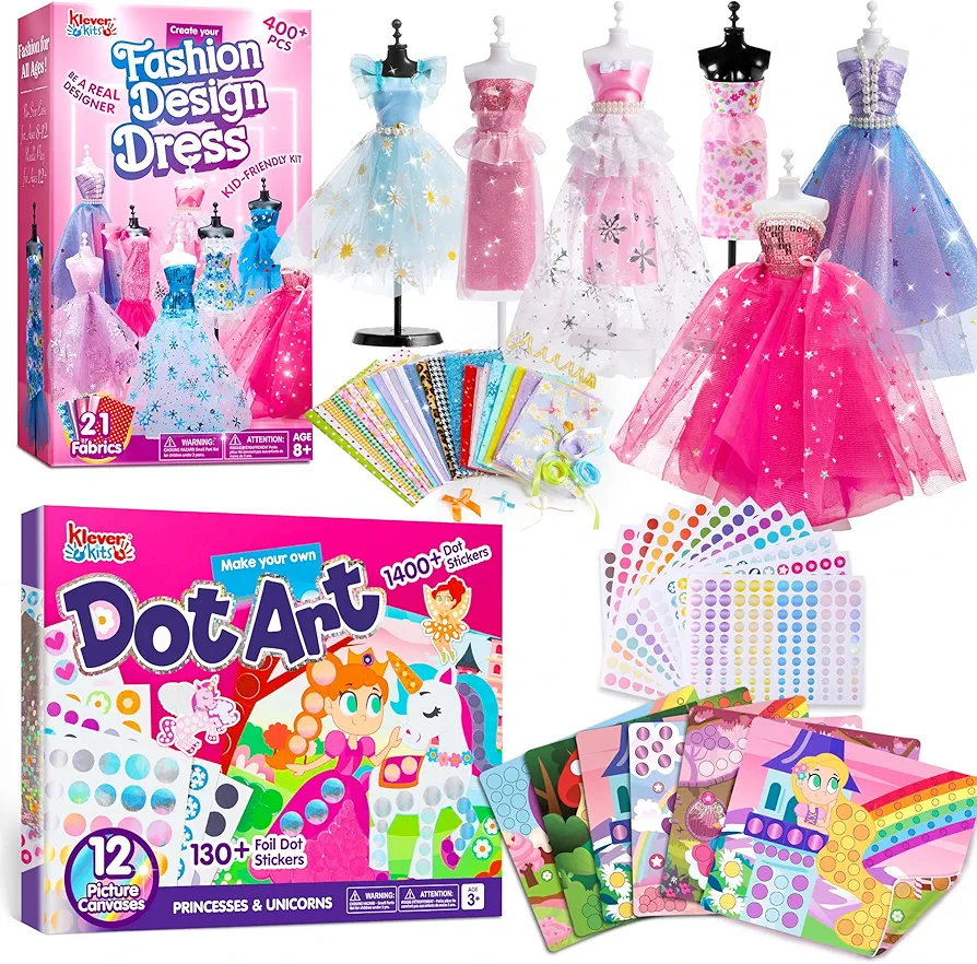 Klever Kits 400+PCS Fashion Design Crafts and Dot Art Activity Set for Kids, oddler Arts and Crafts Supplies, Birthday Gifts, Airplane Travel Toys for Boys & Girls