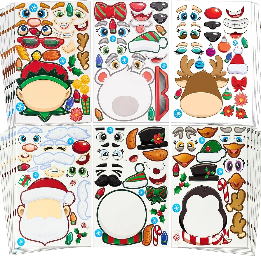 JOYIN 48 Pcs Christmas Make A Face Sticker, Xmas Stickers Make Your Own Arts & Crafts Santa Santa, Gnome, Reindeer, Snowman, Polar Bear,Presents Craft for Kids School Activities Party Supplies