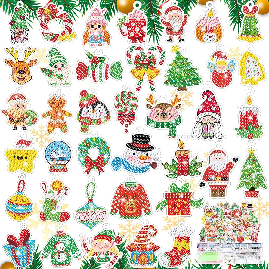 MEIEST 38 PCS Christmas Gem Diamond Art Painting Gift Tags Kit,5D DIY Diamond Mosaic Painting by Numbers Hanging Decoration Labels Kit,Creative Arts and Crafts Set and Handmade Gift
