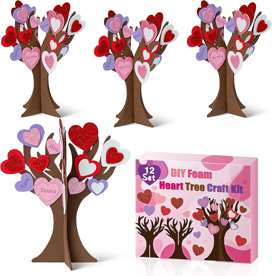 BeYumi 12 Pack Mother's Day Thankful Heart Trees Foam Craft Kits for Kids Make Your Own Mother's Day DIY Heart Trees Decorations Gratitude Tree Craft Set Holiday School Home Party Fun Activities Decor
