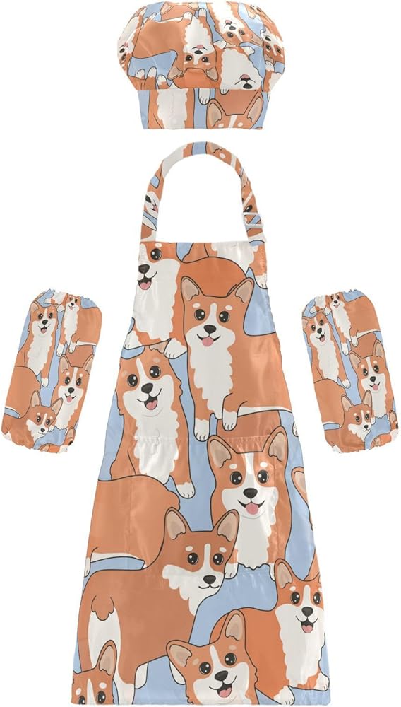 Kids Apron and Chef Hat Set, Waterproof Cute Dogs Kids Apron with Pockets for Art Craft Activity