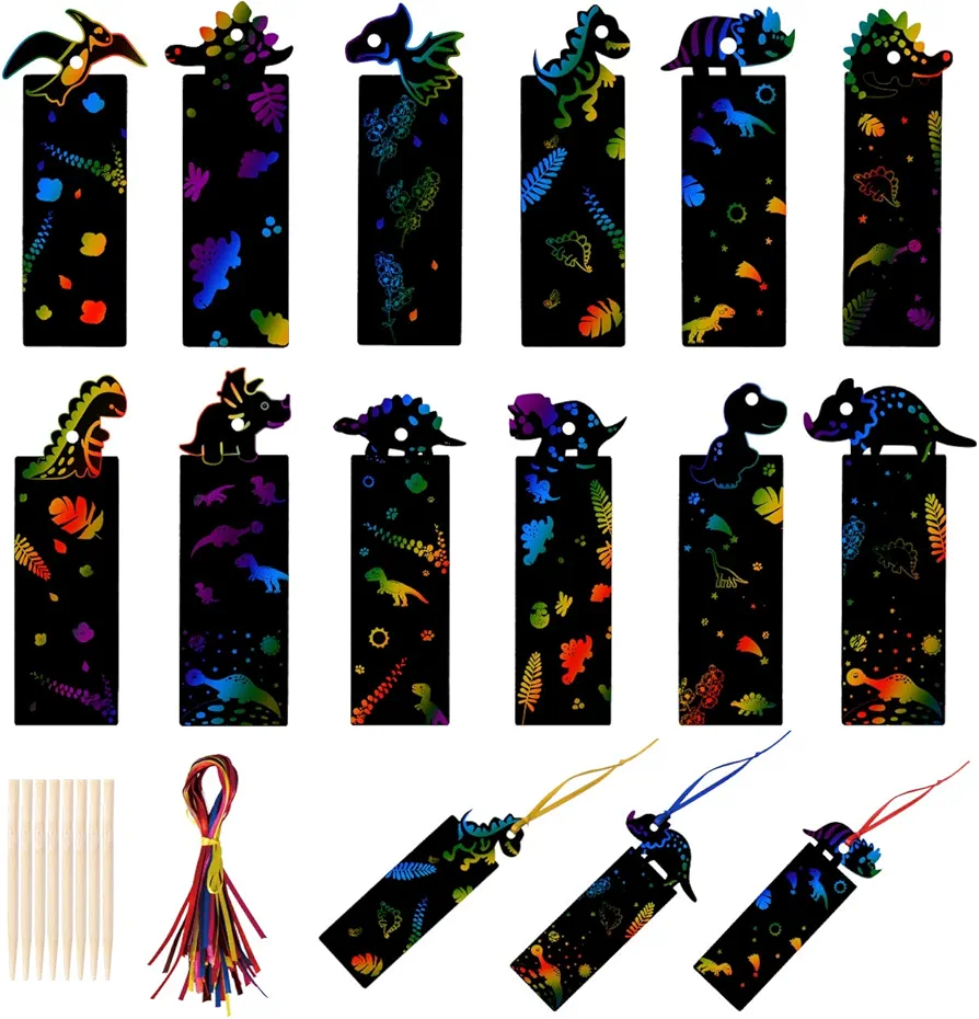 Scratch Paper Art Rainbow Dinosaur Bookmarks Magic Scratch Paper for Girls Boys Toy Halloween Party Game Christmas Birthday Gift