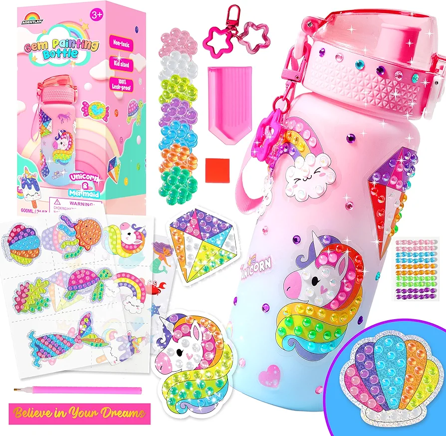 AGENTLAN Decorate Your Own Water Bottle Kit for Girls,Unicorn and Mermaid Diamond Painting Kits,20oz Leak-Proof Bottle for School,Arts and Crafts,Diamond Art Kits for Age 6 7 8 9