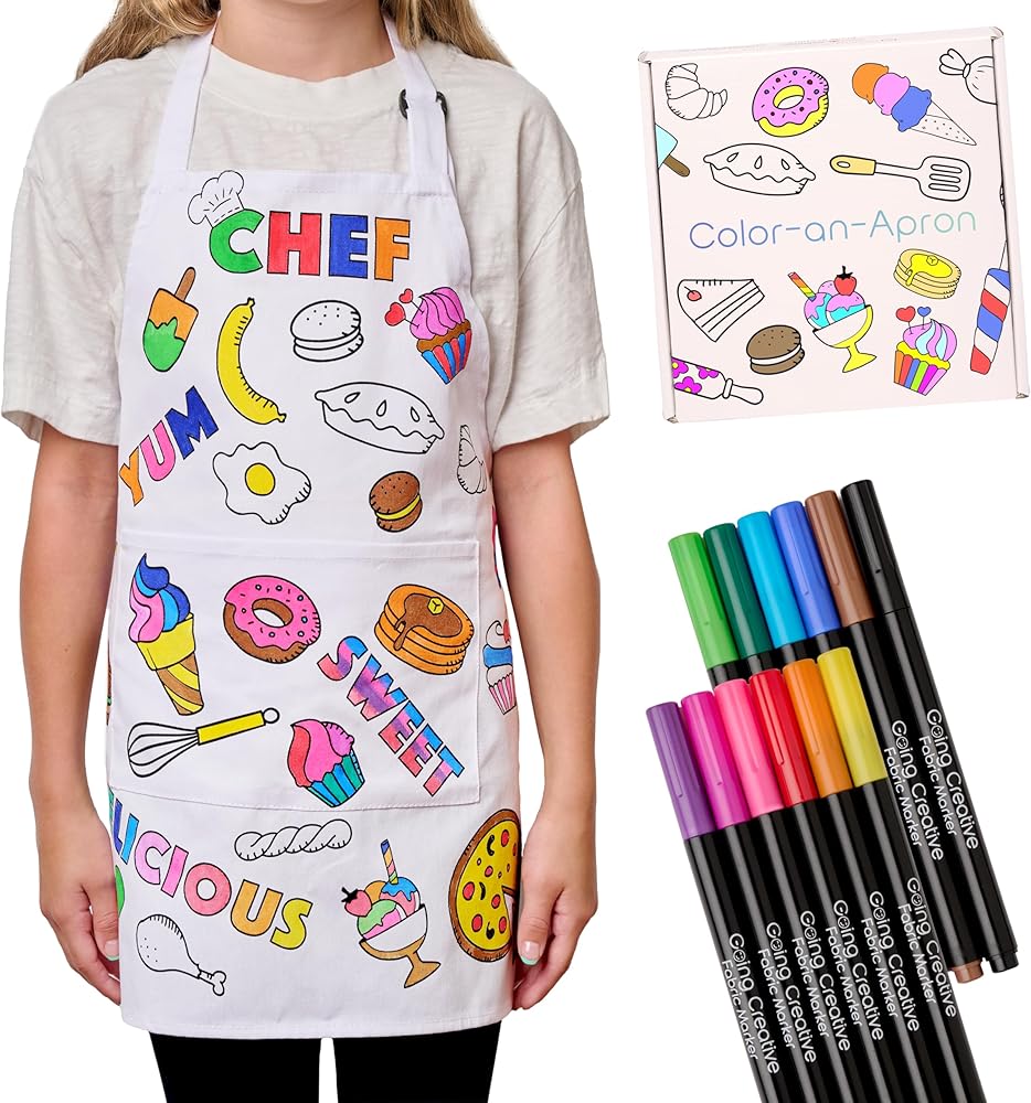 Color-An-Apron Kit - Interactive Coloring Kit with Favorite Foods & Words Plus 12 Fabric Markers for Kids - Fun & Educational Craft for Young Chefs 4-10 Years old