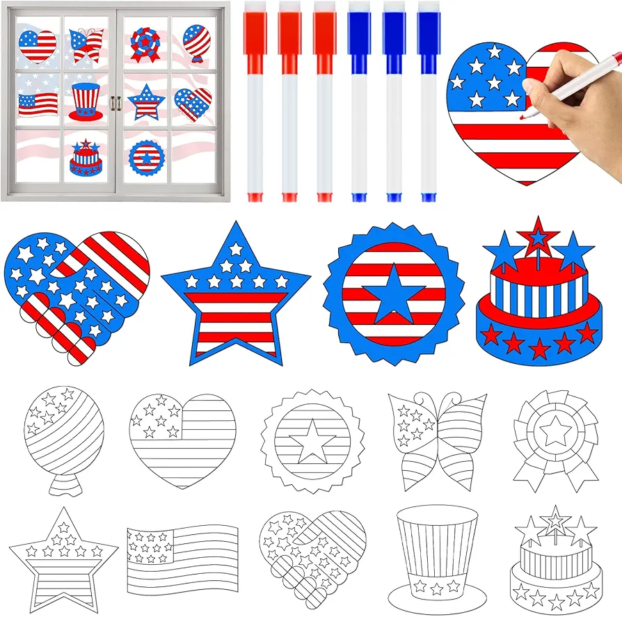 30Pcs 4th of July Arts Crafts for Kids Patriotic Window Suncatchers Craft Kit DIY Independence Day Blue Red White Star Coloring Craft Window Cling Sticker with 6 Markers Home Classroom Decor