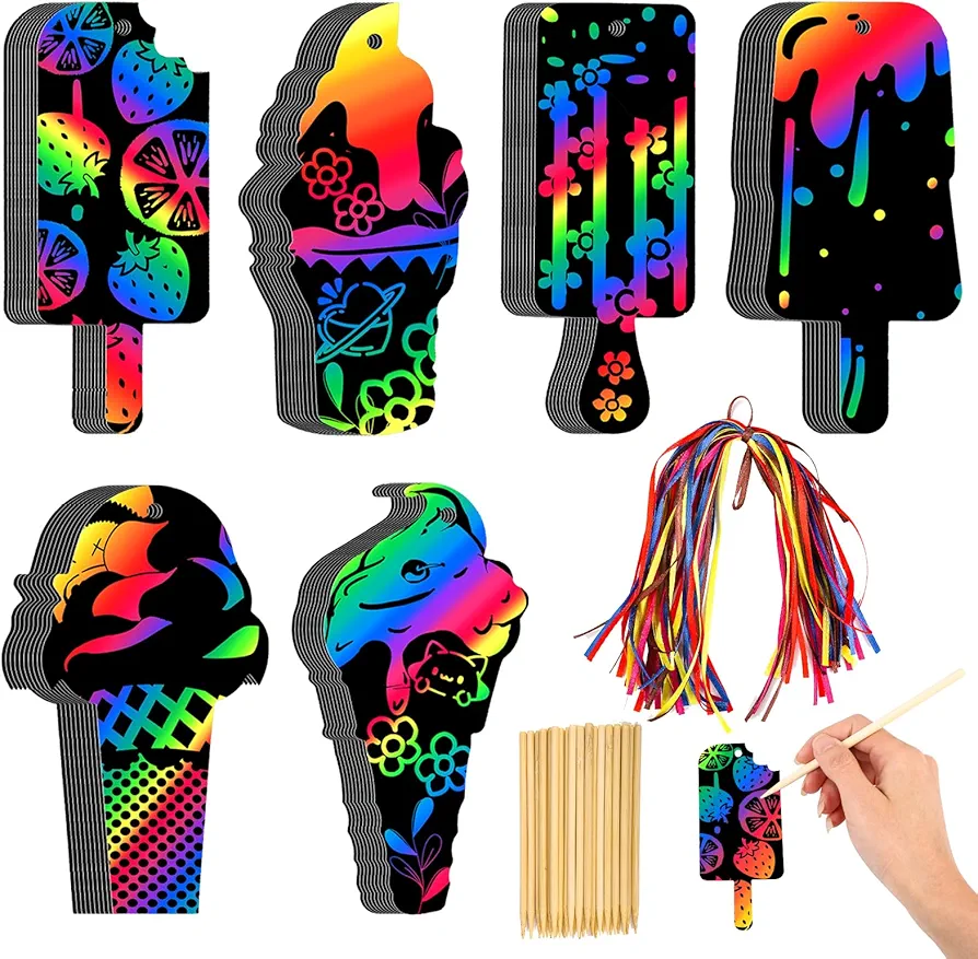 60pcs Ice Cream Scratch Cards, Rainbow Ice Cream Shaped Scratch Card Crafts Art for Decoration Supplies Classroom School Activities Presents Birthday Celebrations