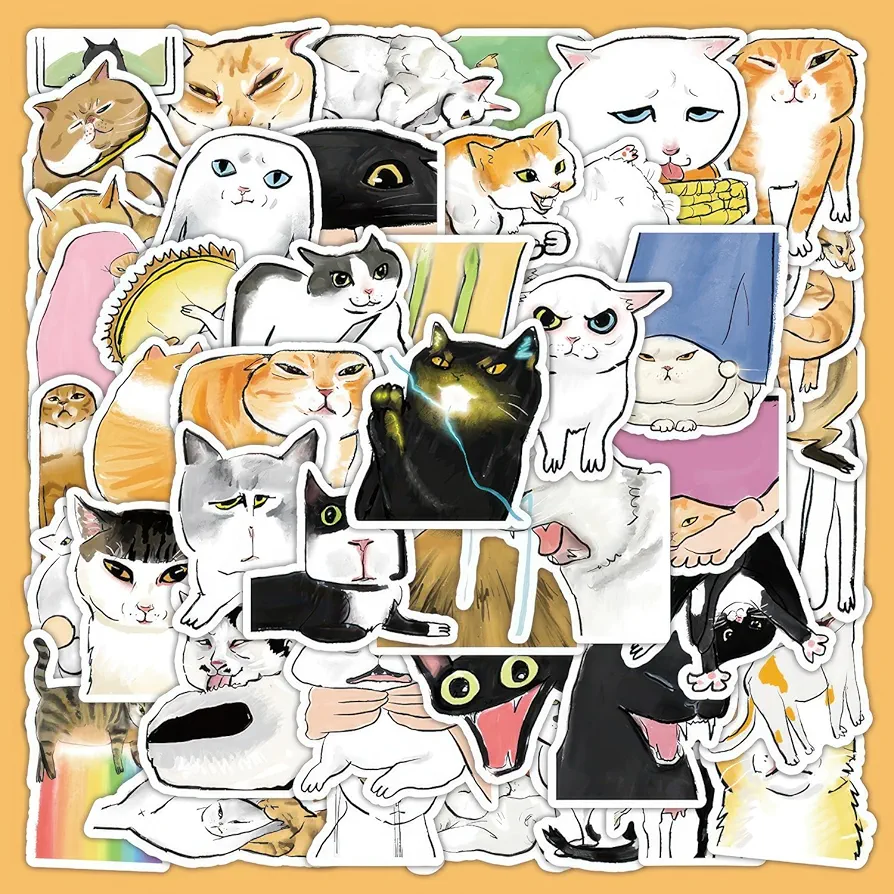 60Pcs Hand Drawn Art Internet Celebrity Cat Expression Pack Graffiti Trend Guitar Sticker Laptop Suitcase Car Ipad Guitar Phone DIY Sticker Scrapbooking Material Craft Supplies
