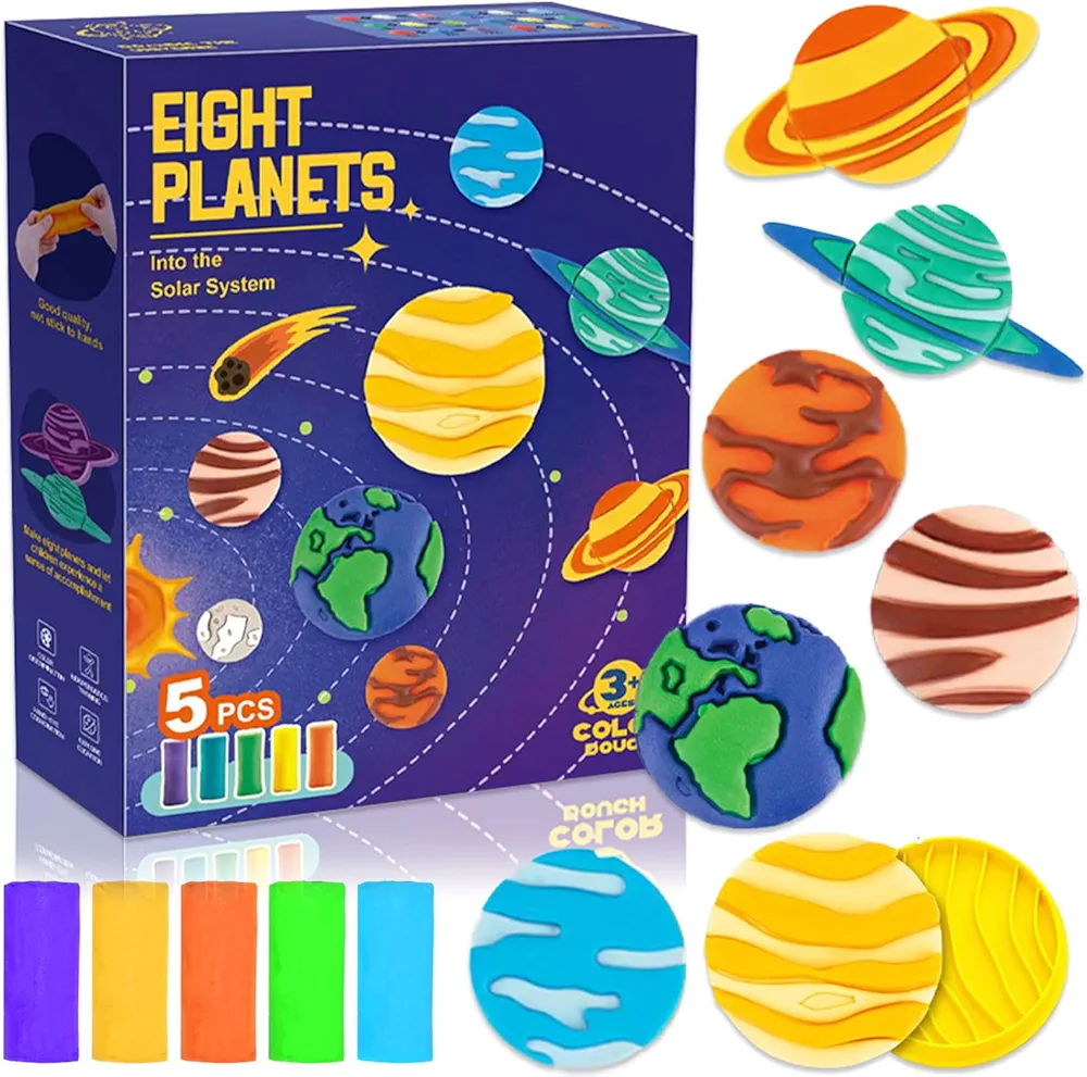 DoodleDoo Modeling Clay for Kids Toddlers Art Clay Kit 5 Colors Plasticine with Tools Color Dough Tool Set Colored Soft Sculpting Clay Toys Gifts for Age 3 4 5 6 7 8+ Children(Planet)