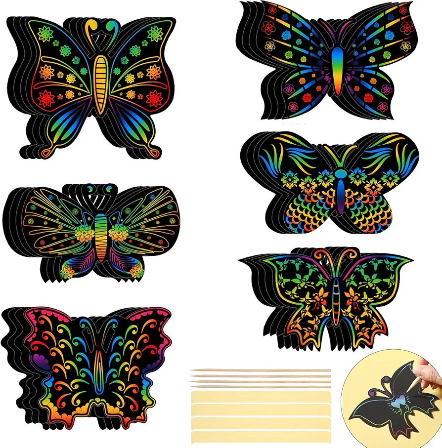 Landhoow Butterfly Scratch Cards for Kids Scratch Crafts Art Card Rainbow Summer Scratch Card Butterfly Party Favors for DIY Crafts Home Decoration Project, 6 Styles (168 Pcs)