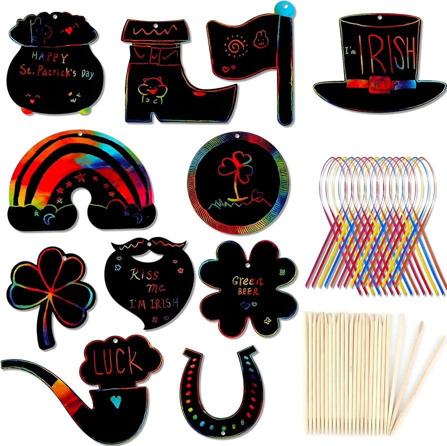 HOWAF St. Patrick's Day Scratch Paper Art Set, 24 Pieces Rainbow Magic Scratch Art with Clover Cap Patterns for Irish Party Supplies, Scratch Painting with Wooden Stylus and Ribbon for Kids DIY Gift