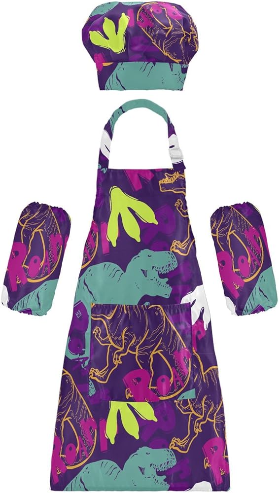 Dinosaur Animal Purple Kids Apron And Chef Hat Set for Boys Girls Cooking Adjustable Aprons Toddler Child Apron with Pocket Lightweight Chef Art Gardening Apron for Painting Baking Crafting
