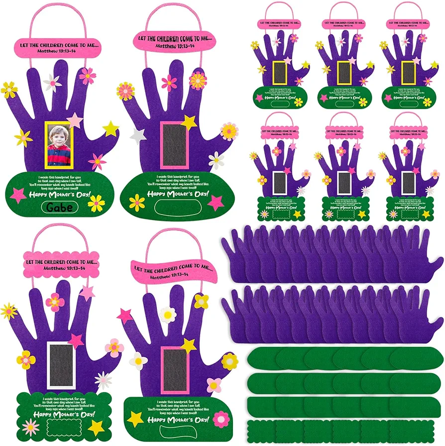 GlikCeil 24 Sets Mother's Day DIY Craft Kits for Kids, Felt DIY Handprint Flowers for Mom Kit Gifts Mother Handprint Craft from Kids to Mom Day Classroom Activities Art Projects Photo Frames
