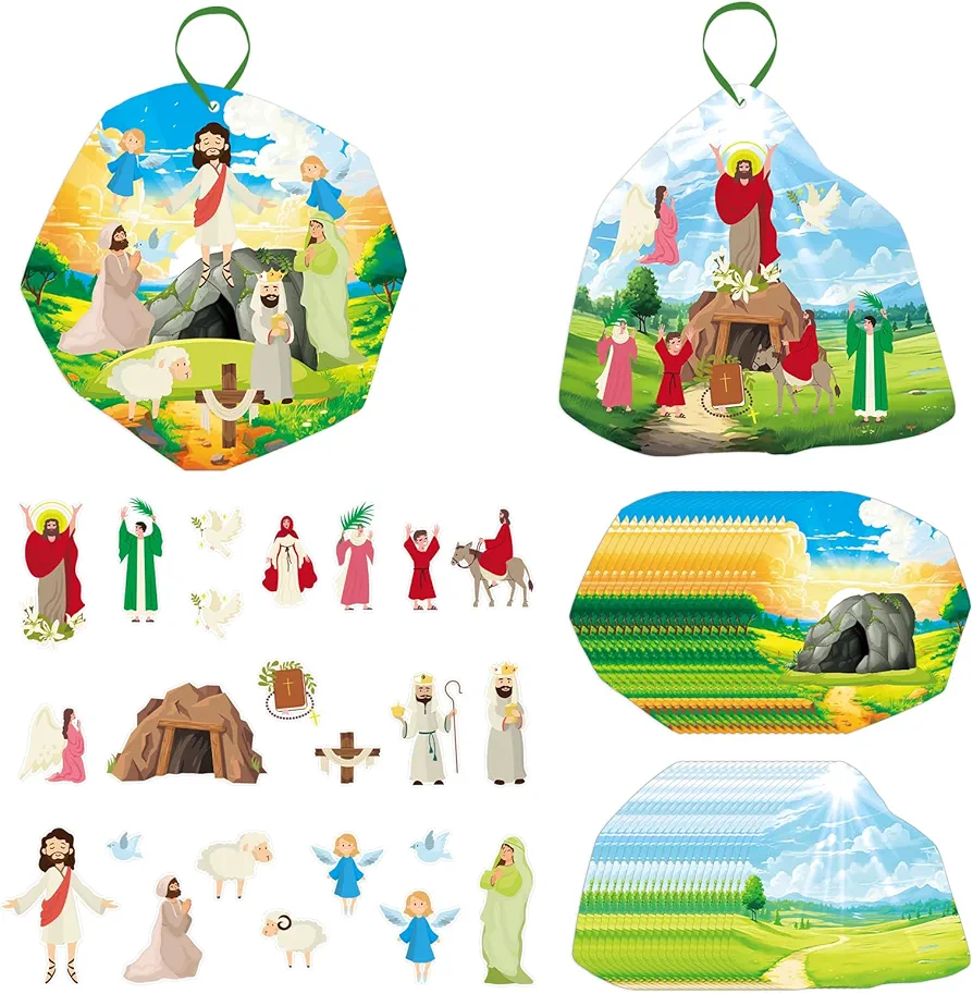 SICOHOME Make an Easter He Lives Sticker Scenes Ornaments 24pcs He is Risen Stickers Easter Crafts for Kids Religious Easter Resurrection Scene Set Christmas Sunday Christian Easter Gifts for Kids B
