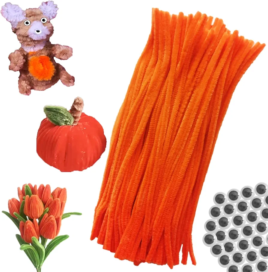 100pcs Orange Pipe Cleaners Chenille Stems for DIY Art & Crafts with Googly Eyes 100pcs (12inch x 6mm)