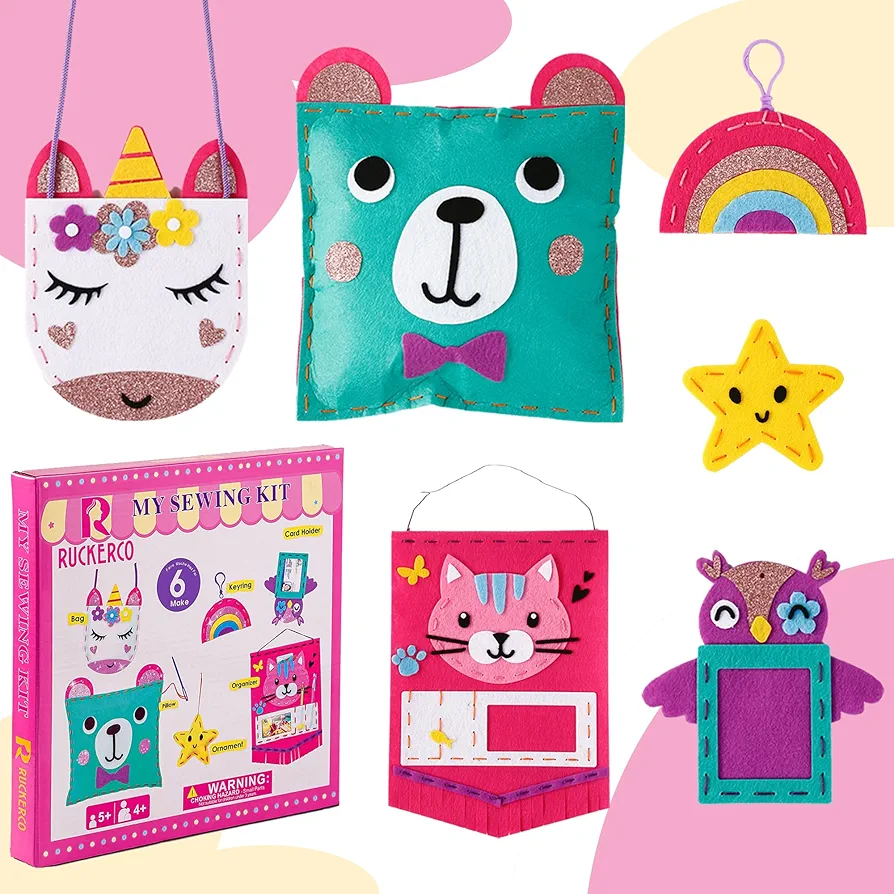 R RUCKERCO Sewing Kit for Kids Children's Arts and Crafts Sewing Kits 6 Pcs Stuffed Animals and Pillows DIY Sewing Kit for Kids, Toys for Ages 5-9 Girls Fashion Gift Arts and Crafts