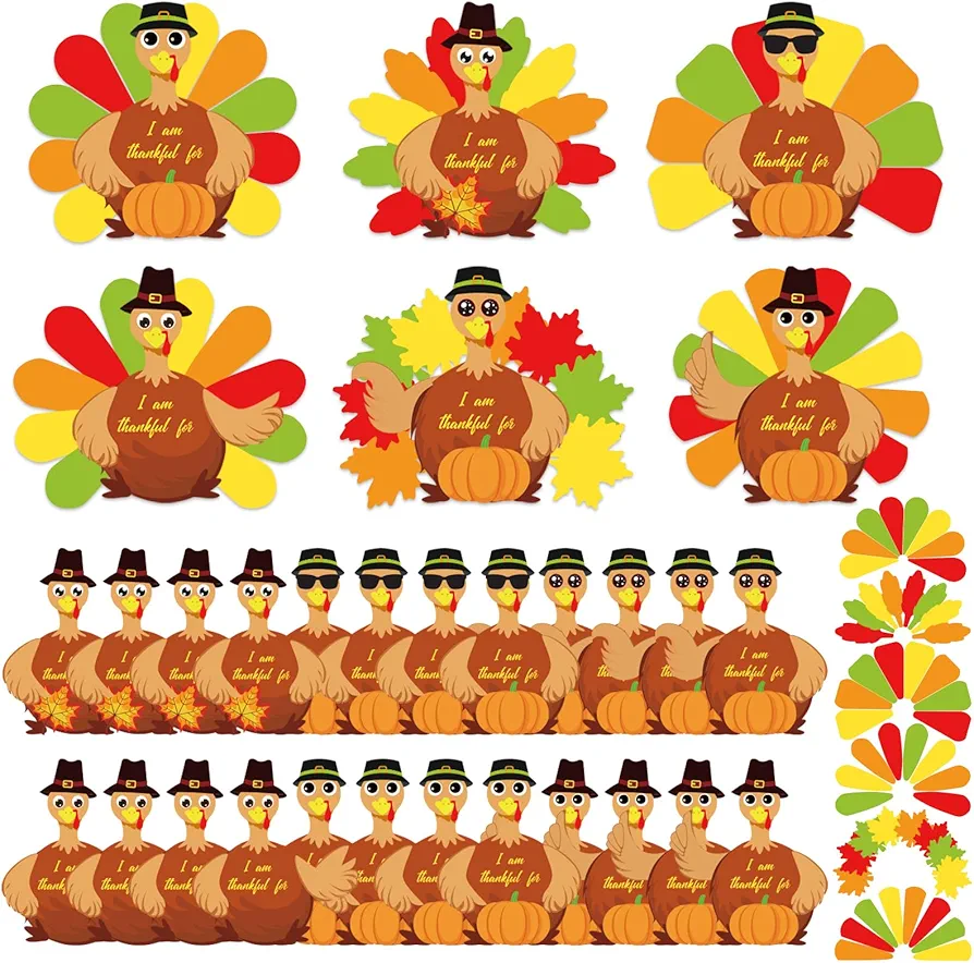 Whaline 24 Sets 216Pcs Thanksgiving Turkey Craft Kit Creativity Arts DIY Turkey with Colorful Feathers Make a Turkey Crafts for Festive Fall Autumn Thanksgiving Party Door Hanging Decorations