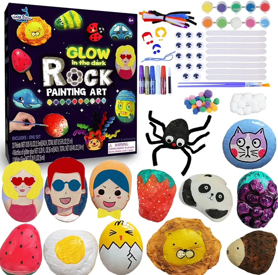 Wings Gaint Rock Painting Kit Glow in The Dark, Arts and Crafts for Kids Ages 6-12, Kids Painting Set,12 Painting Rocks for Kids, Crafts Kit for Boys Girls Gift, DIY Kids Activity