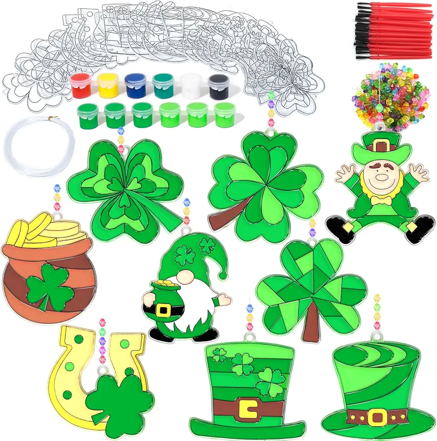 Fprl 27 Sets St. Patrick's Day Craft Kits Suncatchers DIY Four-Leaf Clover Irish Lucky Shamrock Craft Kit for Kids Classroom Home Activity Gift Window Paint Art Project